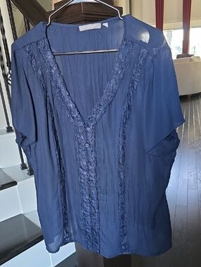 NY Collection Navy Lace-Trim V-Neck Blouse